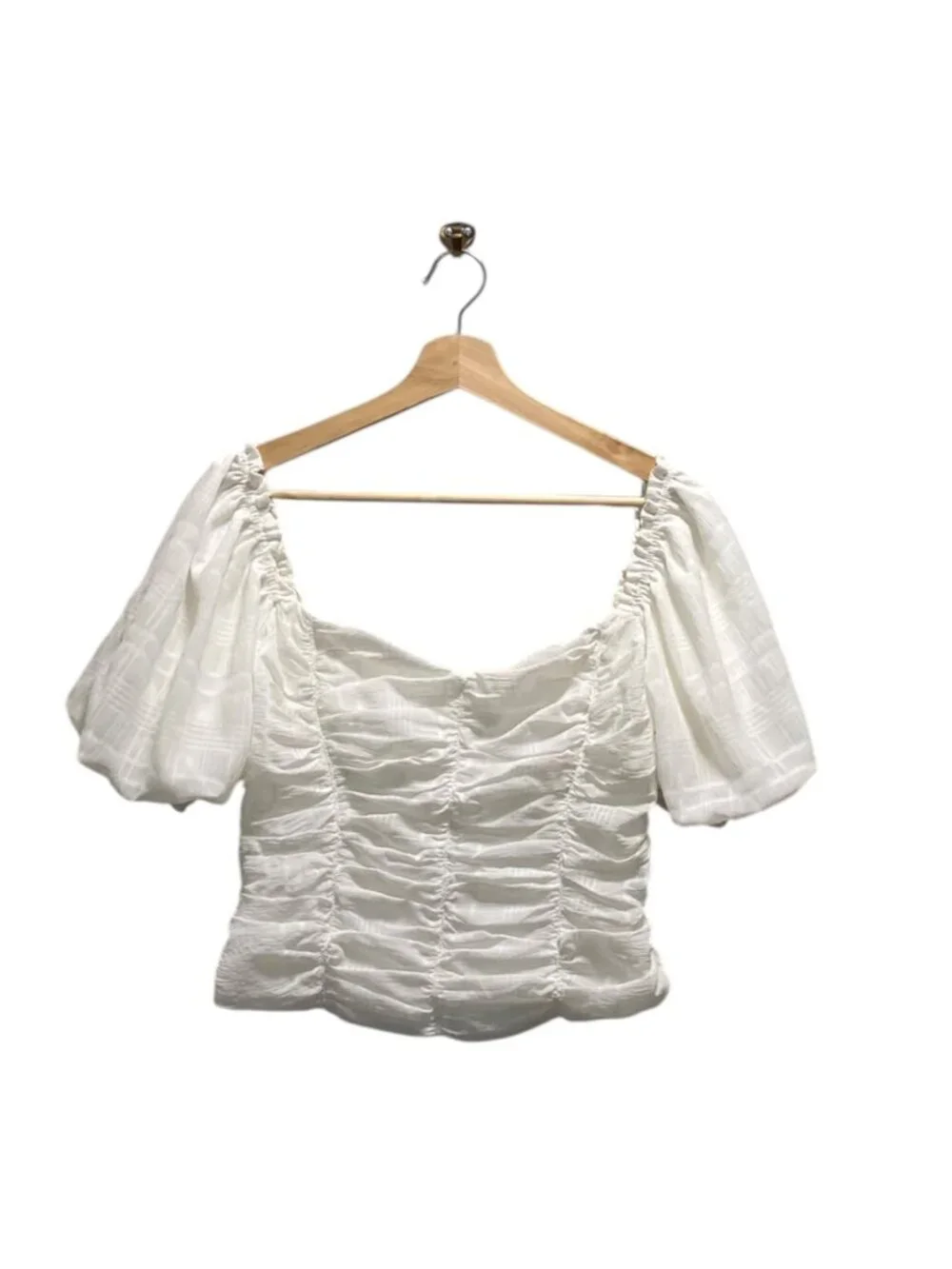 ASTR the Label Ruched Puff Sleeve Blouse White Size L Romantic Coquette Fairy